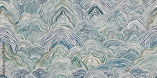 An abstract, flowing watercolor seamless pattern of layered contour lines and wavy shapes in cool blue-green tones, ideal for modern wallpaper, textiles, and artistic packaging.