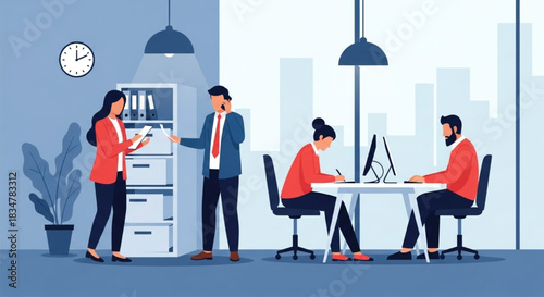 Professional team collaborating in modern office, sharing ideas and working on computers, creating a dynamic and productive workspace together now