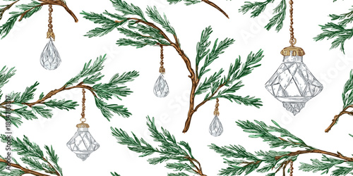 A detailed, engraved seamless pattern featuring classic pine branches and cones with scattered star clusters, perfect for traditional holiday fabrics, stationery, and vintage packaging.