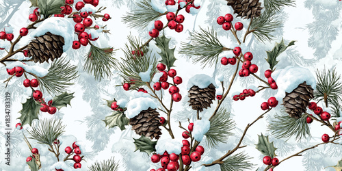 detailed, festive seamless pattern featuring engraved pine branches, snow-covered holly leaves, красные ягоды и шишки, perfect for traditional holiday packaging and fabrics.