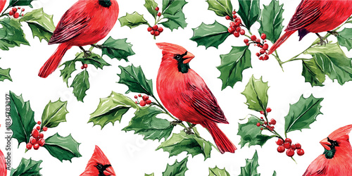 A vibrant, realistic watercolor seamless pattern of brilliant red Cardinal birds perched on holly branches with bright red winter berries on a clean white background.