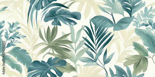 Tropical leaves seamless repeating pattern in blue and beige shades for summer design, fabrics, textiles, and modern home decor.