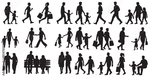 Silhouettes of diverse people walking shopping and interacting in a public space