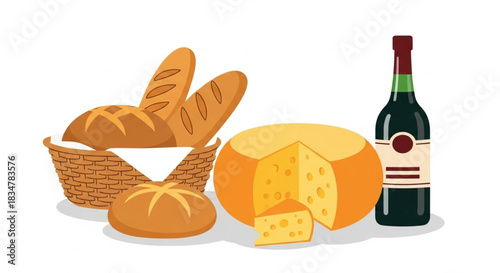 Artisan bread in basket with aged cheese and wine, inviting illustration for food blog or restaurant menu, celebrate rustic flavors, simple pleasures