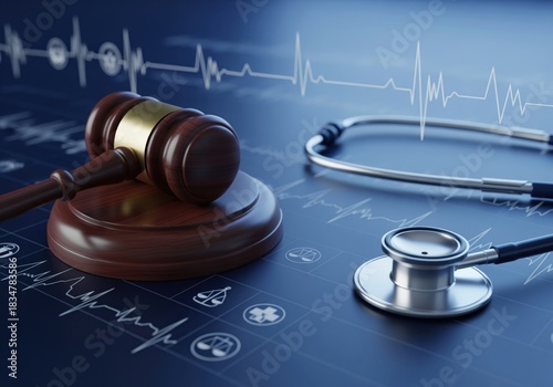 Gavel and stethoscope resting on a dark surface with an electrocardiogram line representing medical law and justice