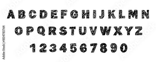 English alphabet crayon. Rough typescript font with pencil drawn. Chalk or wax texture. Vector illustration.