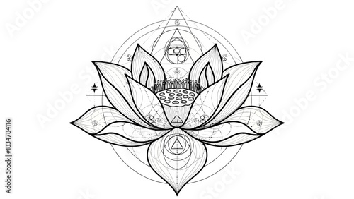 Intricate black and white line art drawing of a lotus flower with sacred geometry patterns and a circular background, symbolizing spirituality and enlightenment.