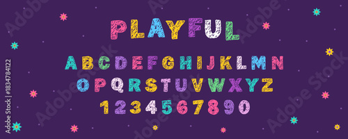 English alphabet crayon. Playful and hand drawn typescript font with pencil texture and vibrant color. Vector illustration.