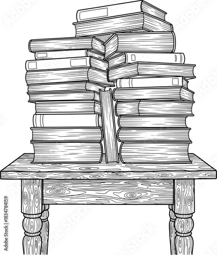 A detailed handdrawn ink illustration of two tall stacks of hardcover books leaning together on a rustic wooden table.