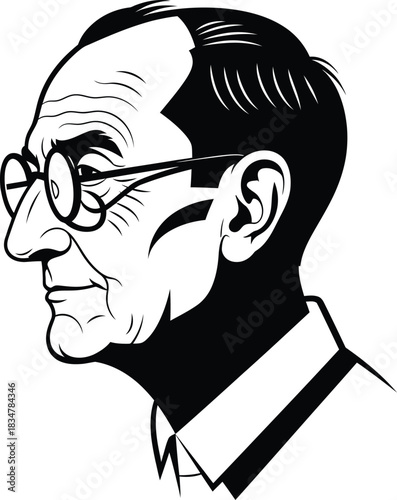 A highcontrast black and white graphic portrait of an older man in profile wearing round glasses.
