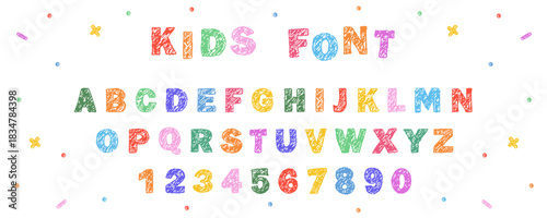 English alphabet crayon. Playful typescript font. Childish funny scribbles. Hand drawn pencil texture text. Vector illustration.