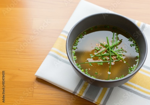 Simple clear vegetable consomme served in a dark gray bowl garnished with fresh chives on a wooden surface.
