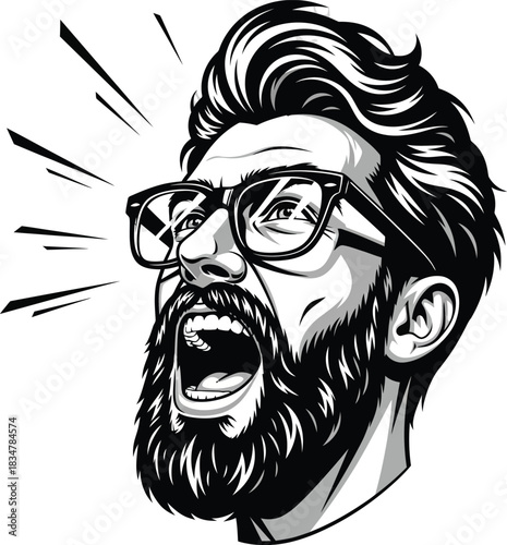 Angry bearded man with glasses screaming a monochrome graphic illustration of a yelling face with a stylish haircut.