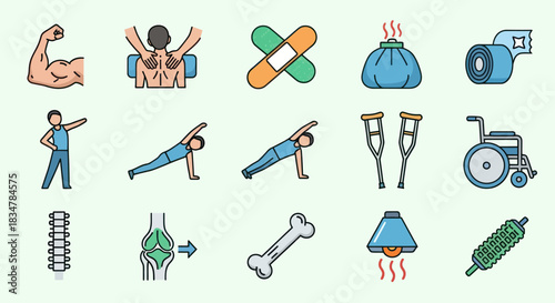 Collection of Medical and Health Icons Representing Rehabilitation and Wellness.