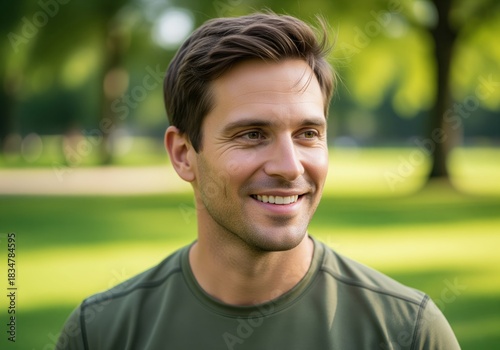 Headshot of a confident athletic man smiling brightly while standing in a sunny outdoor park environment