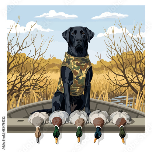 Black Labrador hunting dog in a boat with retrieved mallard ducks wearing a camouflage vest.