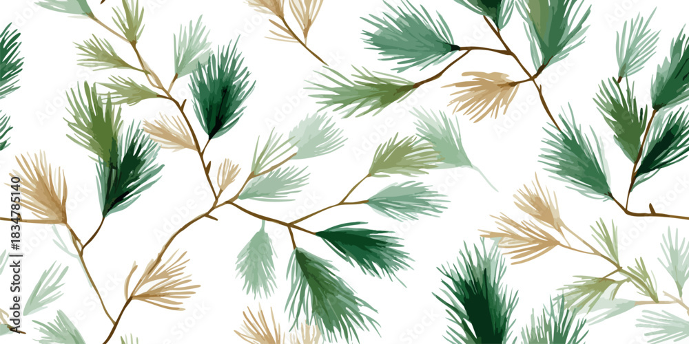 Naklejka premium Watercolor abstract pine needles and foliage in earth tones of sage green, teal, and brown seamless repeating pattern for design and fabrics.