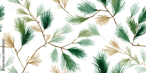 Watercolor abstract pine needles and foliage in earth tones of sage green, teal, and brown seamless repeating pattern for design and fabrics.