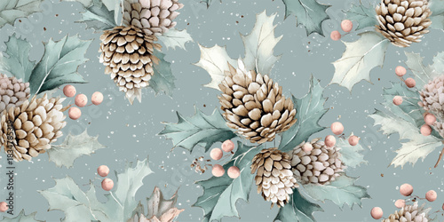 Elegant Christmas botanicals with white-tipped holly and large pine cones seamless repeating pattern for fabrics, luxury packaging, and decor.