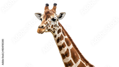 Striking close-up portrait of a magnificent giraffe, featuring its unique patterned coat and graceful long neck, highlighting the beauty of this iconic African mammal