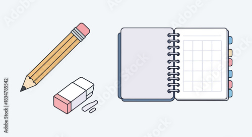 Yellow pencil eraser and open planner with calendar grid.