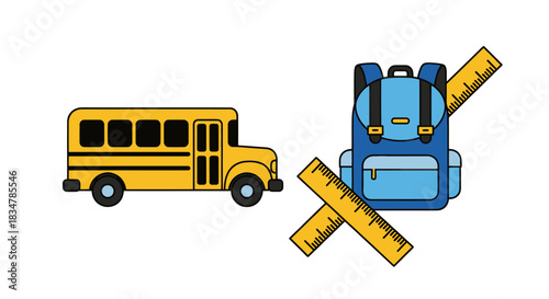 Yellow School Bus and Blue Backpack with Rulers.