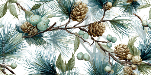 Detailed watercolor pine needles, cones, and juniper berries seamless repeating pattern in mint green and brown for natural winter design.