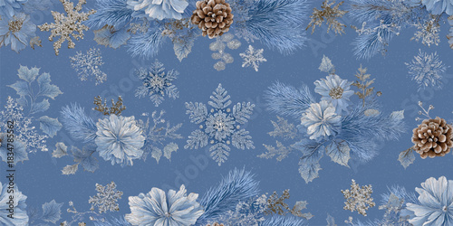 Elegant Christmas snowflakes and pine needles in icy blue, white, and silver on a dusty blue background seamless repeating pattern for design.