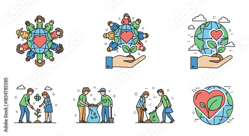 Earth Day Icons: People Globe Heart and Plants for Environmental Awareness.