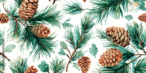 Detailed watercolor pine needles, cones, and juniper berries seamless repeating pattern in mint green and brown for natural winter design.