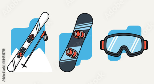 Skiing Equipment: Skis Snowboard and Goggles for Winter Sports Activities.