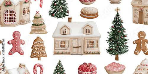 Watercolor gingerbread houses, cookies, and snowy cottages seamless repeating pattern for winter design, packaging, and home decor.