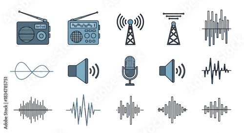 Collection of Vector Icons Representing Radio Sound and Communication Elements.