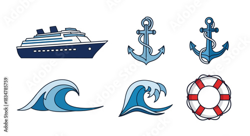 Nautical Icons: Cruise Ship Anchors Waves and Lifebuoy.