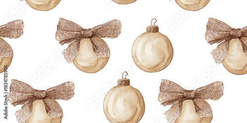 Hand-drawn burlap Christmas ornaments with rustic bows seamless repeating pattern for natural holiday fabrics, tags, and packaging.