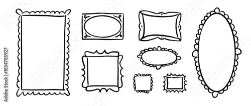 Doodled picture frame gallery set. Hand drawn photo and image border collection. 8 scribbled art frame layout composition. Sketched mood board collage template. Memory wall arrangement idea. Vector
