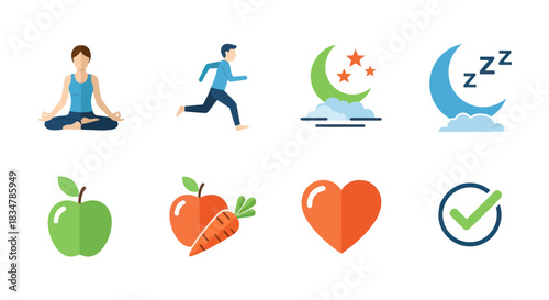 Collection of Icons Representing Healthy Lifestyle Choices and Well-being.