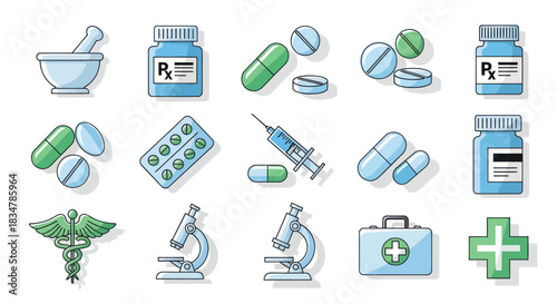 Collection of Medical Supplies and Pharmaceutical Items Illustration.