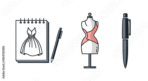 Fashion Design Tools Set: Dress Form Sketchbook with Gown and Pen.