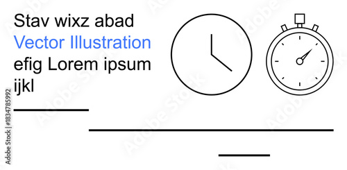 Time management, productivity, efficiency, scheduling, deadlines, organization. A clock and stopwatch with text elements. Time management and productivity concepts