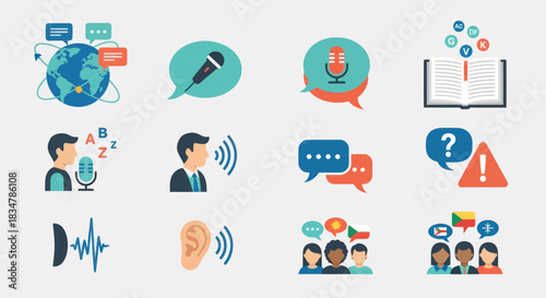 Colorful Communication Icons Representing Speech Voice and Global Interaction.