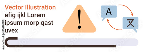 Language barrier, translation services, global communication, warning notifications, multilingual support, process status. Warning triangle, text bubbles translation icon progress bar. Translation