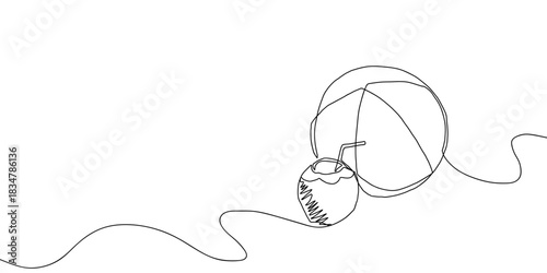 Beach ball and coconut, sketch style in one continuous line. one line drawing design, vector illustration. Editable stroke.