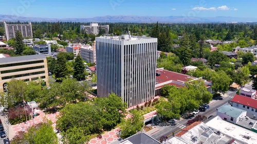 City of Palo Alto (City Hall) aerial view at 250 Hamilton Avenue in historic city center of Palo Alto, California CA, USA. 