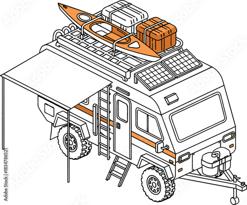 Adventure camper van with kayak and luggage on roof rack