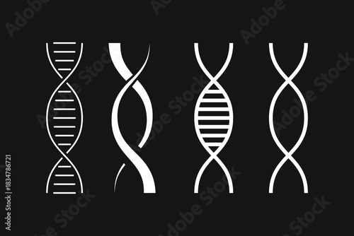 White double helix DNA vector icons set on a dark background, representing biology, innovation, and molecular structure for science projects