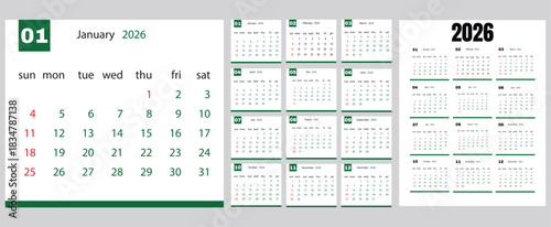 2026 yearly calendar template for organization planning with monthly layout dates illustration vectors