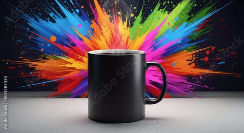 Black Coffee Mug Mockup Against Exploding Neon Color Splash Background for Creativity and Design