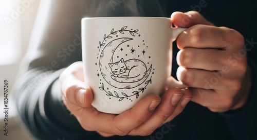 Hands Holding Cozy White Mug with Sleeping Cat and Crescent Moon Design for Tea or Coffee Break