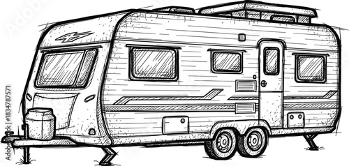 Hand drawn sketch of a travel trailer caravan on a white background